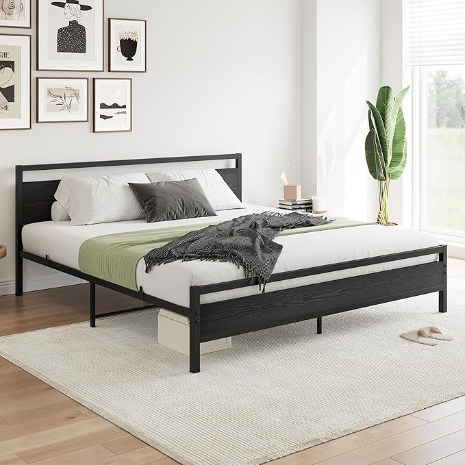 BOFENG Black King Size Bed Frame with Wood Headboard,Industrial Metal Platform Bed Frame King Size with Storage No Box Spring Needed,Strong Steel Slats Support,Easy Assembly