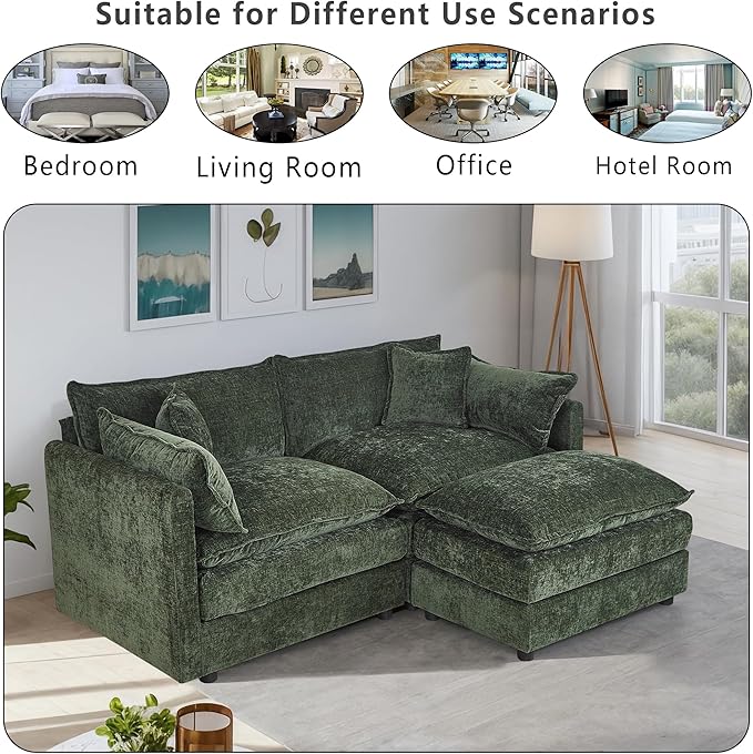 Setawix Deep Loveseat Couch with Ottoman,Large L-Shaped 2 Seater Cloud Couches for Living Room,77.16" Chenille Cloud Sofas with Deep Seat,Modular Sectional 2 Seat Sofa for Bedroom (Green, 2+1)