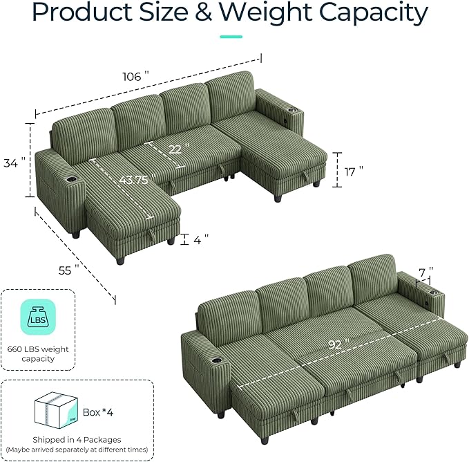 LINSY HOME Sectional Sleeper Sofa Pull Out Couches for Living Room (Green, Sleeper Sofa 3) | Pull Out Sofa Bed, Storage, USB Charging, Cup Holders, Plush Corduroy