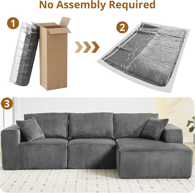 Sectional Cloud Boneless Couch 108" Modern Comfy L-Shape No Assembly Required Convertible Compression Sleeper Modular Sofa with Corduroy Fabric Deep Seat Loveseat + Chaise for Living Room
