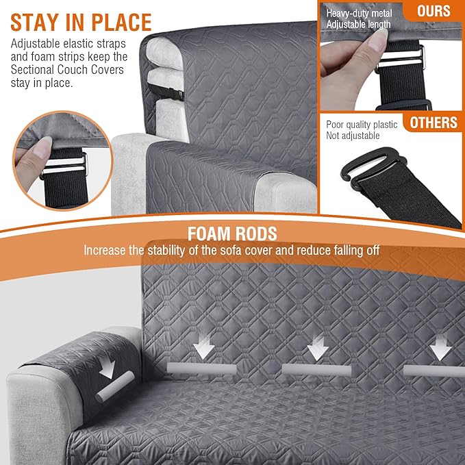 VANSOFY Sectional Couch Covers 100% Waterproof L Shaped Sofa Slipcover 3pcs Reversible Chaise Lounge Cover for Sectional Sofa Furniture Protector Cover for Pets Dog Cat(X-Large, Dark Gray)