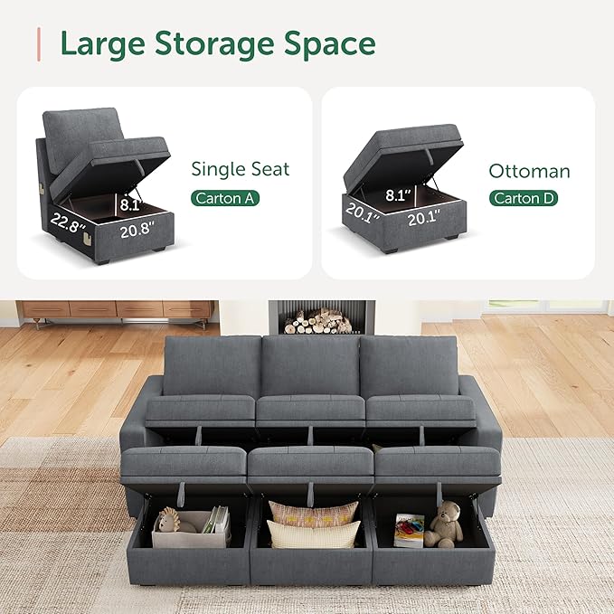 HONBAY Modular Sectional Couch Sleeper Sofa Bed with Storage Seats Oversized Sectional Couches for Living Room,Bluish Grey
