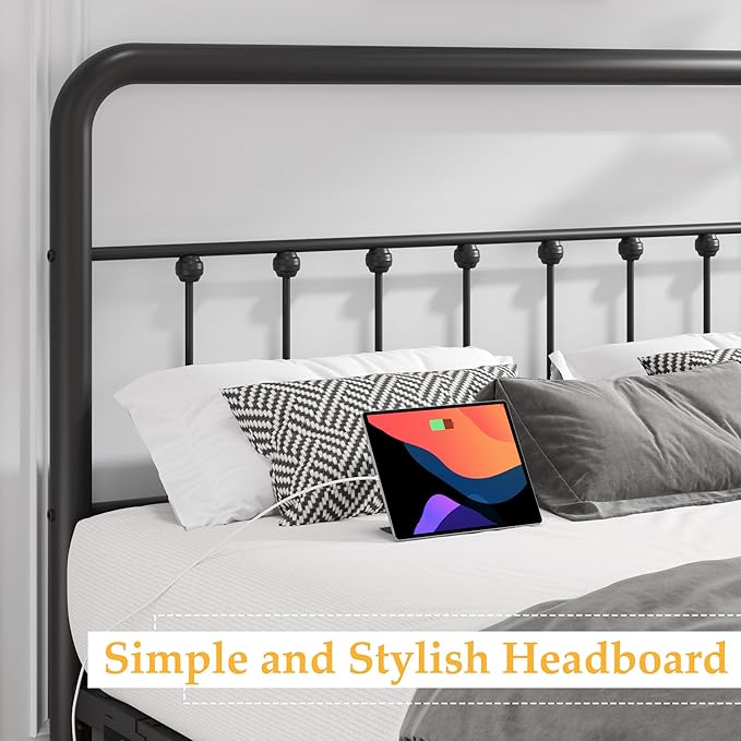 Fluest 14 Inch King Bed Frame Classic Metal Platform Bed Frame with Charging Station & LED, Victorian Style Iron-Art Headboard/Footboard, Under Bed Storage, No Box Spring Needed, Noise Free