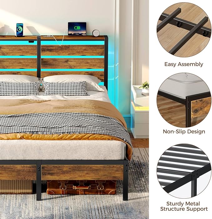 Rolanstar Bed Frame King Size with USB Charging Station, LED Bed Frame with Wood Storage Headboard, Rustic Brown Metal Platform Bed with Under Bed Storage, No Box Spring Needed, Noise Free