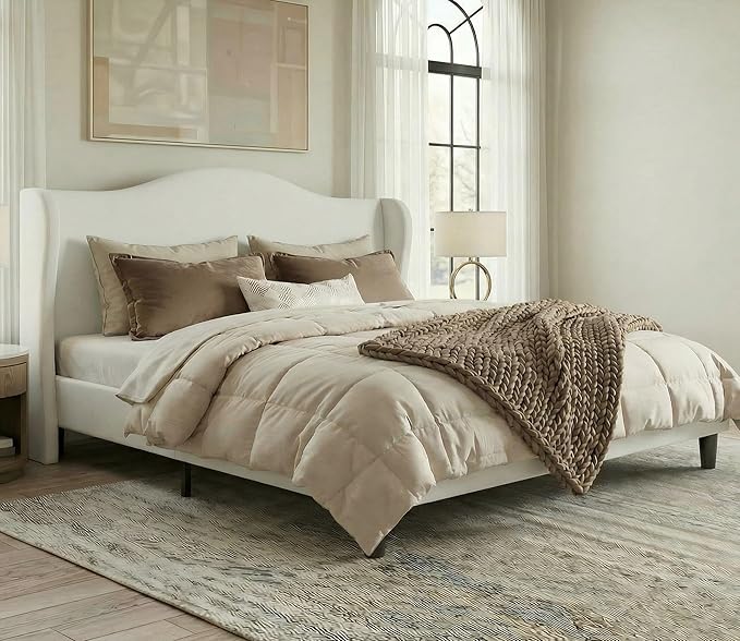 Allewie Full Size Bed Frame, Upholstered Wingback Platform with 47" Tall Tufted Headboard, Plush Velvet Fabric, Modern Minimalist Design, No Box Spring Required, Tool-Free Assembly, White