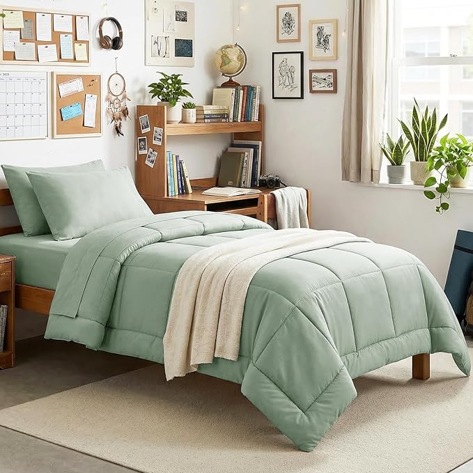 CozyLux Twin Comforter Set with Sheets Sage Green, 5 Pieces Bed in a Bag, Green Comforter Twin Size, All Season Bedding Set with Stitch Quilted Comforter, Flat Sheet, Fitted Sheet, Pillowcases