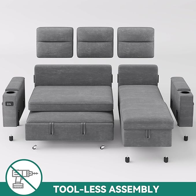 YITAHOME Convertible Sleeper Sofa with Adjustable Backrest & Pull Out Bed, L-Shaped Sectional Sofa Bed with Armrest & USB Port, Upholstered Sectional Couch for Living Room, No-Tool Assembly, Grey