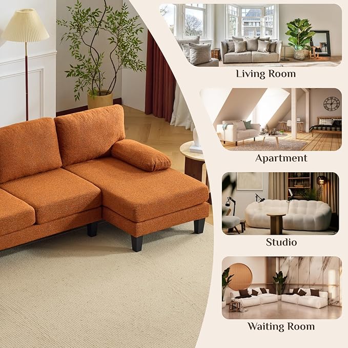 Karl home 110" U-Shape Sectional Couches for Living Room Chenille Upholstery 4 Seat Sofa Set with Double Chaises & Wood Grain Legs for Apartment, Orange