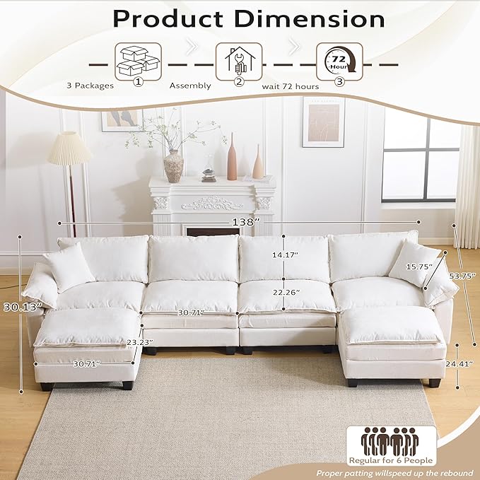138" Modular Sectional Couch, U Shaped Comfy Cloud Couch with Ottoman and Throw Pillows, Modern Chenille Sofa Sleeper Deep Seat Sofa Couched for Living Room,Apartment(Beige)