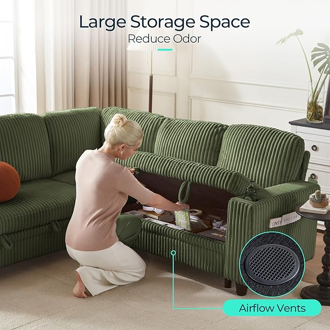 LINSY HOME Sectional Sleeper Sofa Pull Out Couches for Living Room (Green, Sleeper Sofa 4) | Pull Out Sofa Bed, Storage, USB Charging, Cup Holders, Plush Corduroy