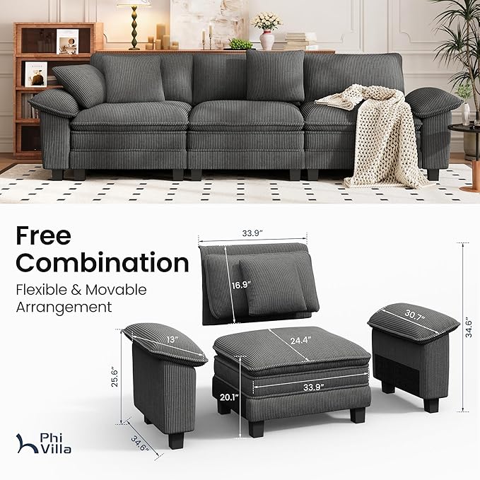 PHI VILLA Modular Couches Sets, 123.6" Cloud Sectional Sofa with Upholstered Deep Seat, 3-Seater Couch for Living Room Apartment, Corduroy Fabric, Grey