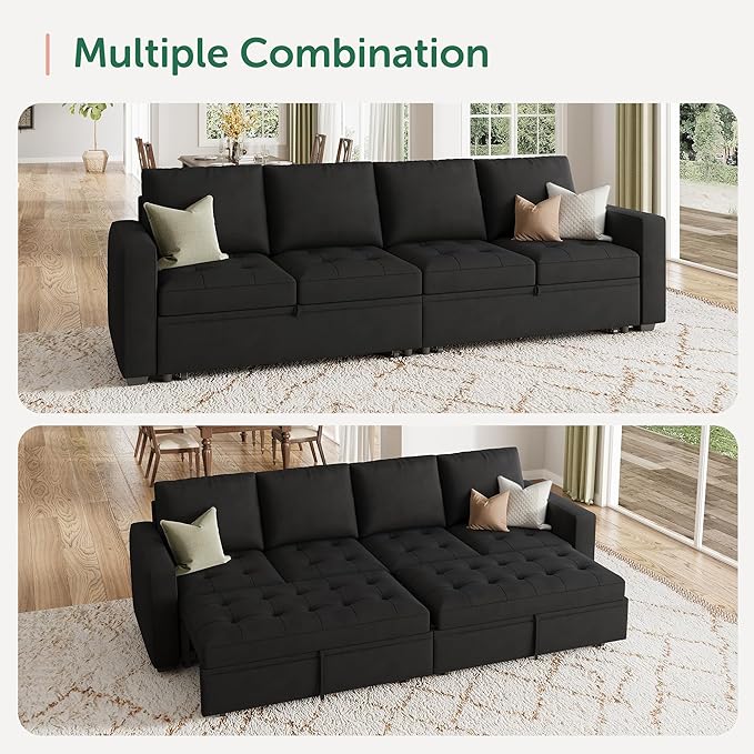 HONBAY Modular Sectional Sleeper Sofa with Pull Out Bed, Linen Convertible Sectional Couches for Living Room, Black