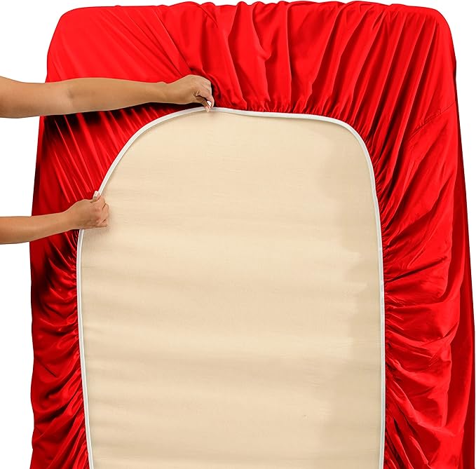 Hearth & Harbor Extra Deep Pocket Sheets - Fits Mattress 18-24 Inches Deep - Extra Deep Pocket Split King Size Sets - 7 Piece Split King Size - Cherry Red