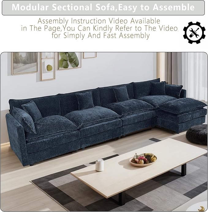 Setawix Deep 4 Seater Couch with Ottoman,147.22" L-Shaped Cloud Couches for Living Room,Chenille Cloud Sofa Couch with Deep Seat,Modular Sectional L Shape 4 Seat Sofa for Bedroom (Blue, 4+1)