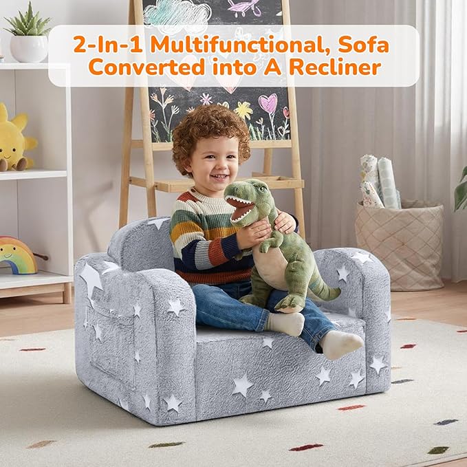 MeMoreCool Glowing Star Kids Chair, 2-in-1 Foldable Kids Couch with Glow-in-the-Dark Star Design, Soft Foam Fold Out Lounger for Playroom and Reading, Washable Cover, Gift for Boys and Girls | Relaxing, Gift