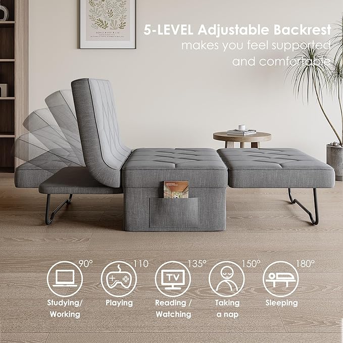 Convertible Sofa Bed with 5-Level Adjustable Backrest, 70" D x 34" W 4-in-1 Folding Ottoman Sleeper Chair Bed, Modern Single Futon Couch for Living Room Apartment Dorm Small Space, Light Grey