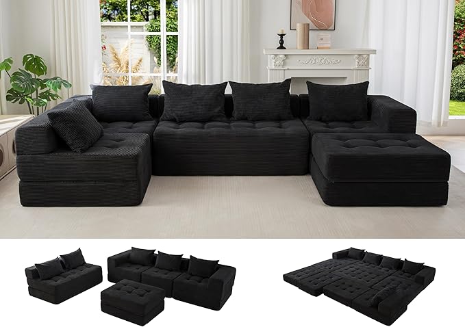 MAXYOYO Modular Sectional Sofa Couch, Foldable U Shaped Cloud Couch with Pillows, Tufted 6-Seat Boneless Sleeper Lounger Floor Sofa Bed for Living Room, No Assembly Required, Black