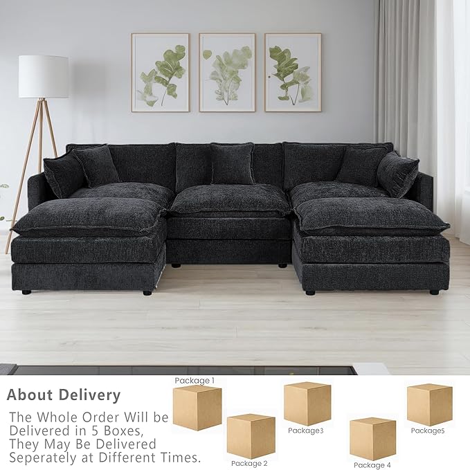 Setawix Deep 3 Seater Couch with Ottomans,112.2" U-Shaped Cloud Couches for Living Room,Chenille Cloud Sofa Couch with Deep Seat,Modular Sectional U Shape 3 Seat Sofa for Bedroom(Black, 3+2)
