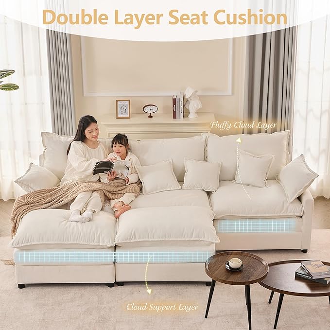 108" U Shaped Couch, Modular Sectional Sofa, 3-Seater Comfy Cloud Couch, Set of Modular Pieces with Movable Ottoman, Deep Seat Couches for Living Room, Chenille, Ivory
