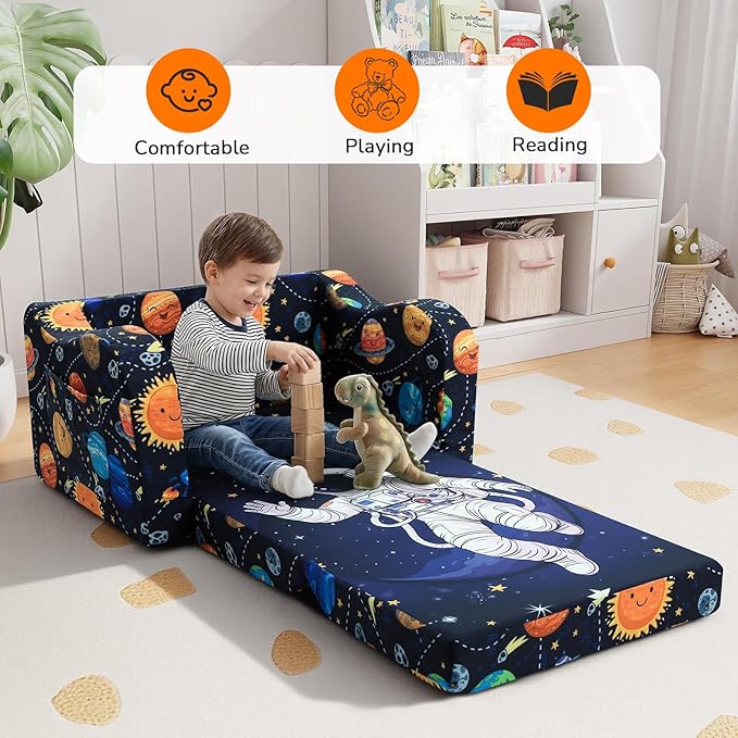 MeMoreCool Folding Kids Couch – 2-in-1 Toddler Sofa Bed & Lounge Chair | Astronaut Print | Fold-Out Design | Washable Cover | Ages 1–3