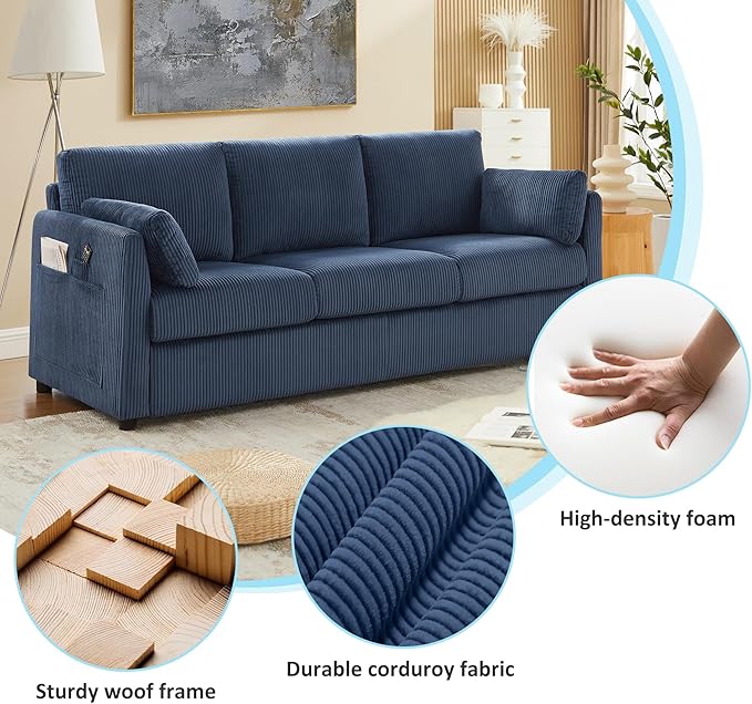 3 Seater Couches for Living Room, 79" Modern Corduroy Sofa with 2 Pillows and Storage Pockets, Comfy Upholstered Couches for Apartment, Small Spaces, Home Office, Navy Blue