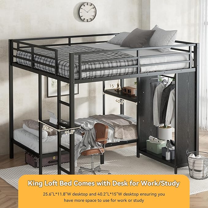 Bunk Bed Frame with Built-in Wardrobe King Over Twin XL Size, Metal Loft Bed with Foldable Desk and Storage Shelf, Black Bunk Beds King Size for Adults Teen Kids, No Box Spring Needed