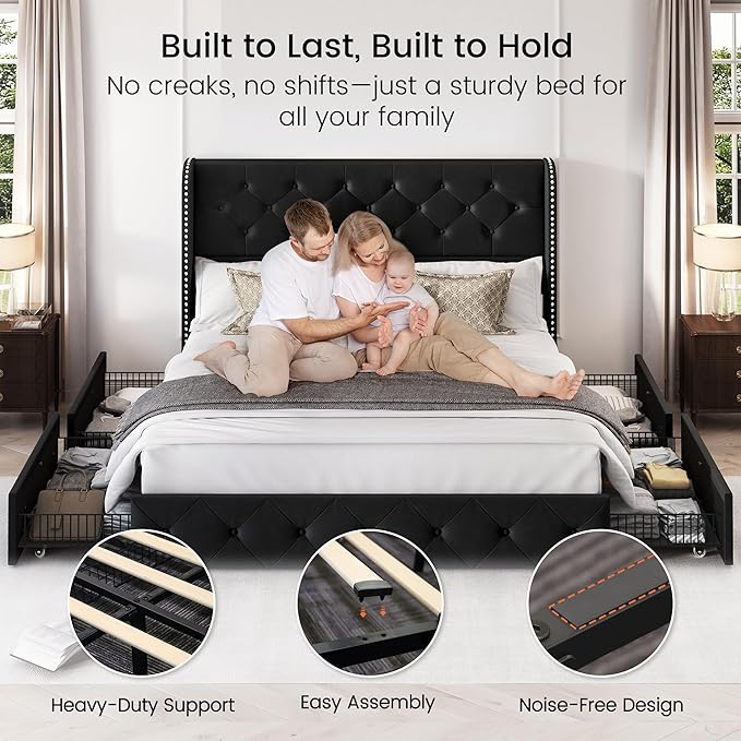 LARMACE Queen Size Bed Frame with 4 Storage Drawers and 47.2" Tall Wingback Headboard Upholstered Platform Beds Velvet Tufted Bed Frame with Wooden Slats Support, Easy Assembly, Black