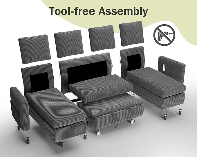 Vipbear 104" Sectional Sleeper Sofa Bed with Pull Out Bed, U Shaped Couch Pull Out Couch with Reclining Backrest, Reversible Storage Chaise, USB Ports, Tool-Free Assembly, Corduroy Grey