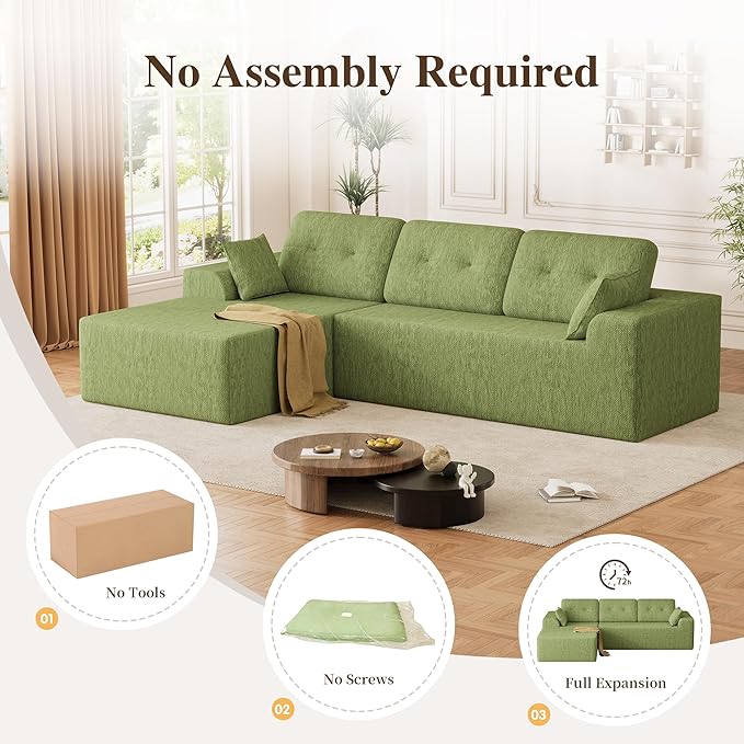 Ball & Cast 106" Boneless Sectional Sofa, Chenille Modular L Shaped Couch with Deep Seat Chaise, Cloud Style Oversized Sectional Couch for Living Room, No Assembly, Left Facing, Green