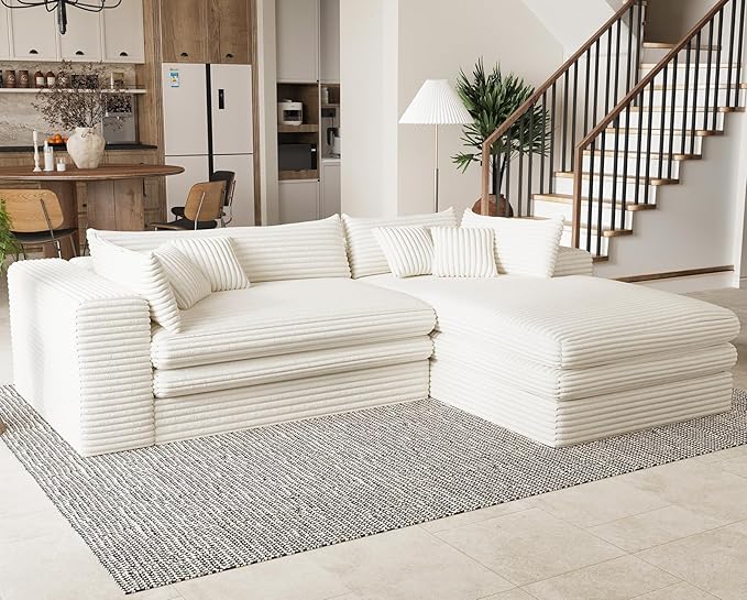Belffin Boneless Cloud L Shaped Couch with Deep Seat Plush Corduroy Boneless Modular Cloud Sectional Couches for Living Room. Right Facing Chaise. Beige Sofa