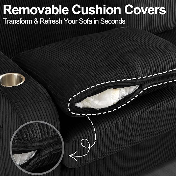 87.4" Oversized 3 Seater Couch,Upholstered Sofa for Living Room,Modern Deep Seat Comfy Loveseat Couches with Cup Holders,Corduroy Love Seat Sofa (Black)