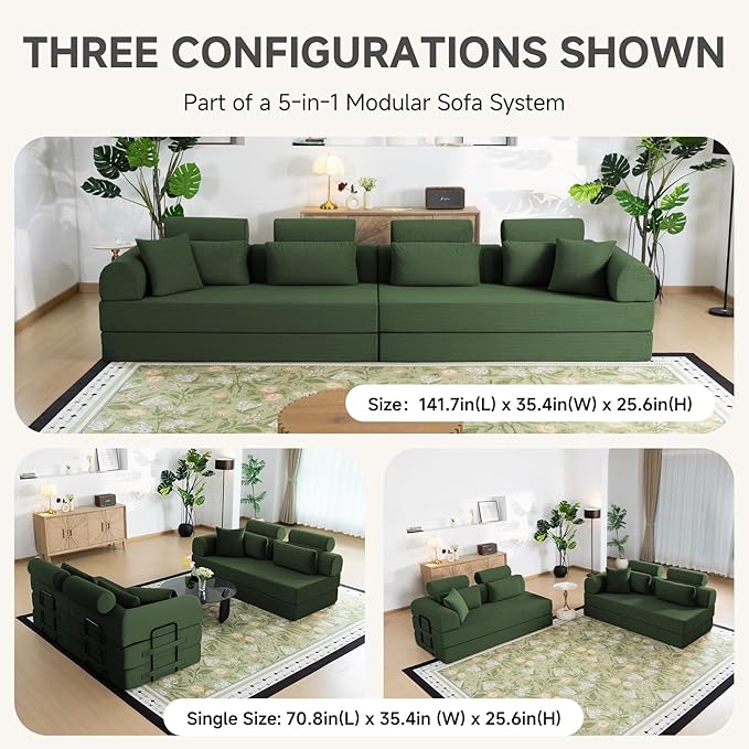 106" L-Shaped Boneless Sectional Couch, 2-Piece 70.87" Modules, Converts to 141.7" Extra-Long Straight Sofa, Corduroy Couch in a Box with Headrest & Back Pillows for Living Room, Dark Green