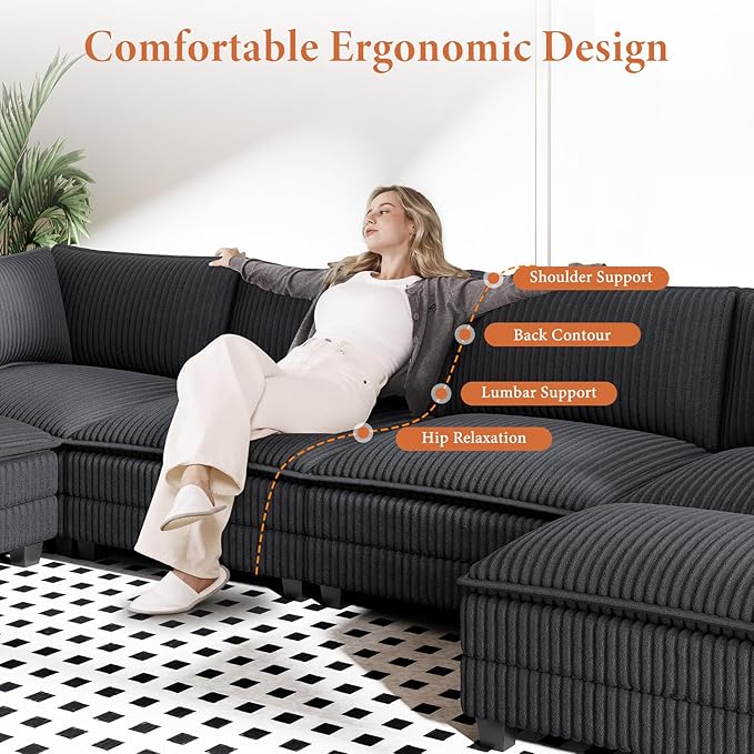 Vesgantti 143" L Shaped Modular Sectional Couch, Comfy Corduroy Upholstered Cloud Couches for Living Room, Modern 3 Seater Sofa with Movable Ottoman & Throw Pillows, Dark Grey