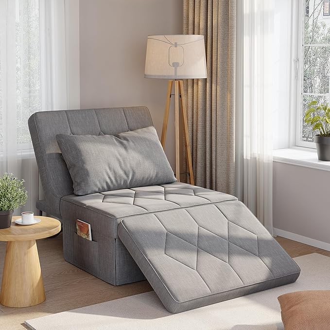 Convertible Sofa Bed with 5-Level Adjustable Backrest, 70" D x 34" W 4-in-1 Folding Ottoman Sleeper Chair Bed, Modern Single Futon Couch for Living Room Apartment Dorm Small Space, Light Grey