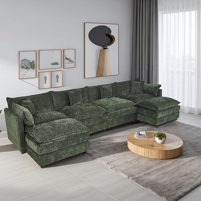 Setawix Deep 4 Seater Couch with Ottomans,147.22" U-Shaped Cloud Couches for Living Room,Chenille Cloud Sofa Couch with Foorest,Modular Sectional U Shape 4 Seat Sofa for Bedroom (Green, 4+2)
