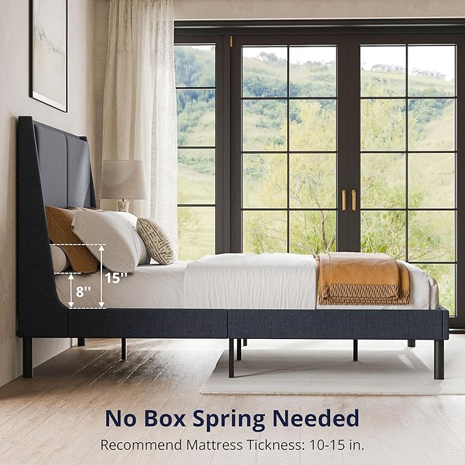 Cozy Castle Queen Size Upholstered Platform Bed Frame with 51.2" Tall Wingback Headboard, Double Backrest Metal Bed Frame, No Box Spring Needed, Easy Assembly, Bedroom Furniture, Navy Blue