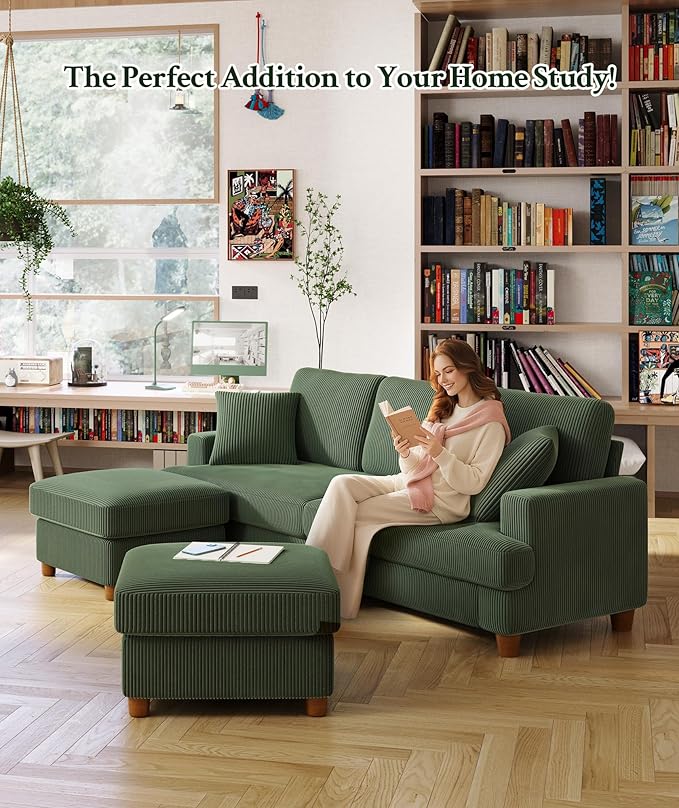 87.2" Couches for Living Room, Comfy U Shaped Couch Green 7.5" Thicker Cushion, Sofas for Living Room Tool-Free Setup, Loveseat with Ottoman 848lbs Support, Corduroy Couch for Bedroom, Office