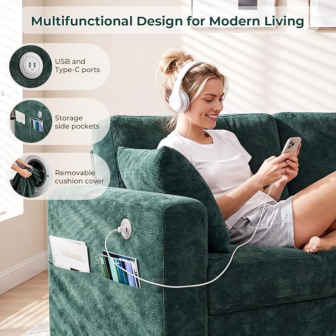 87" Loveseat Sofa for Living Room, Modern Chenille Cloud Couch with USB/Type-C Charging Ports, Side Pockets, Removable Cover, Wide Armrests, Small Couch for Small Space, Easy Assembly, Green