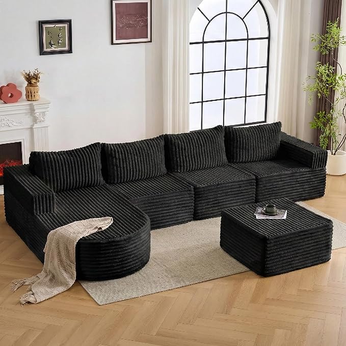 132” Boneless Couches for Living Room, L-Shaped Modular Sectional Sofa with Chaise & Ottoman, Modern Corduroy Cloud Couch with Deep Seat, Comfy Sponge Compression Convertible Sofas