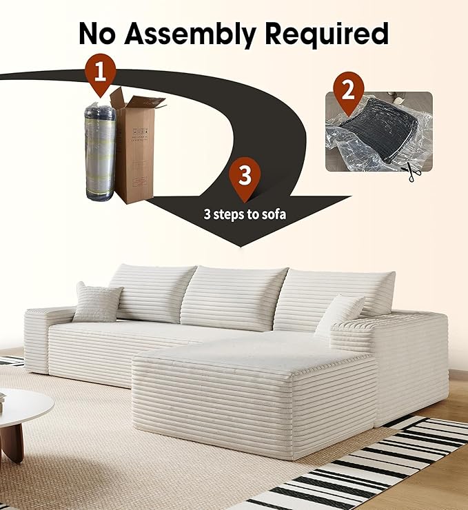 108" Sectional Couches for Living Room Cloud Couch Sofa with L-Shape Upholstered Boneless Couchs Modern Modular Sectional Couch with Chaise (White, 108" Right Facing Chaise+2Seaters)