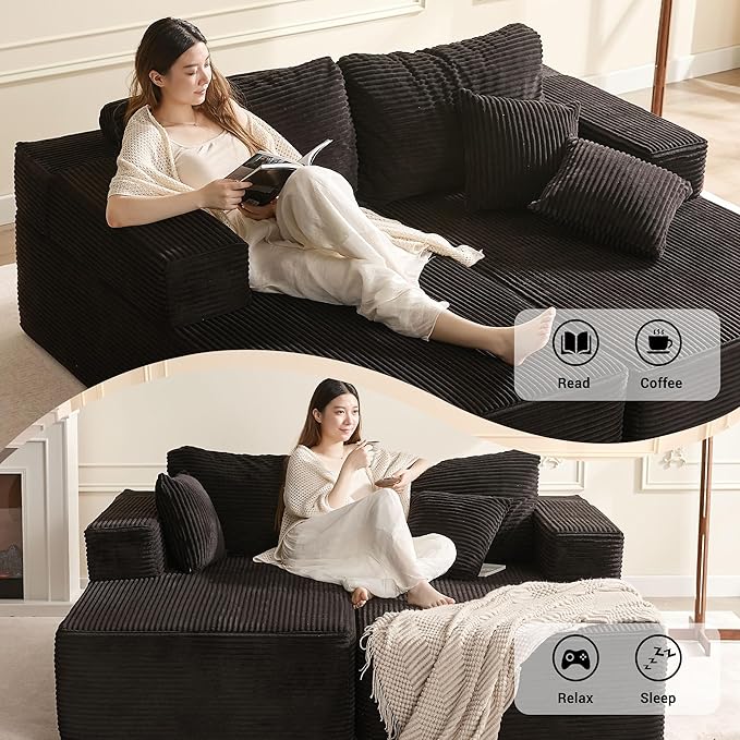 Chaise Lounge Chair, Boneless Couch for Living Room and Bedroom, Set of Sleeper Couches Reading Chairs, Corduroy, Black