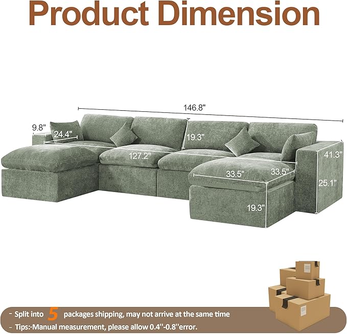 155''Cloud Boneless Sectional Couch, Modular Sectional Sofa Deep Seat with 2 Ottomans, Oversized Upholstered Convertible Comfy 6 Seater Chenille Sofa U Shape Couches for Living Room, Green