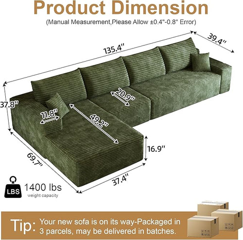 136" Sectional Couches for Living Room Cloud Couch Sofa with L-Shape Upholstered Boneless Couchs Modern Modular Sectional Couch with Chaise (Green, 136" Right Facing Chaise+3Seaters)