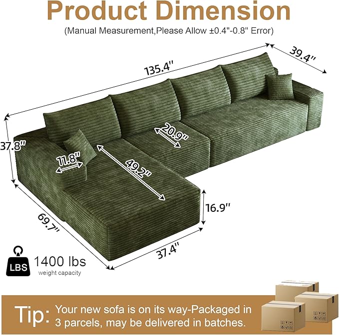 136" Sectional Couches for Living Room Cloud Couch Sofa with L-Shape Upholstered Boneless Couchs Modern Modular Sectional Couch with Chaise (Green, 136" Left Facing Chaise+3Seaters)