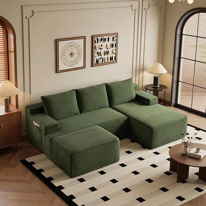 96" Sectional Couches for Living Room Cloud Couch Sofa with L-Shape Upholstered Boneless Couchs Modern Modular Sectional Couch with Chaise (Green, 96" W+Right Facing Chaise+2Seaters+Ottoman)