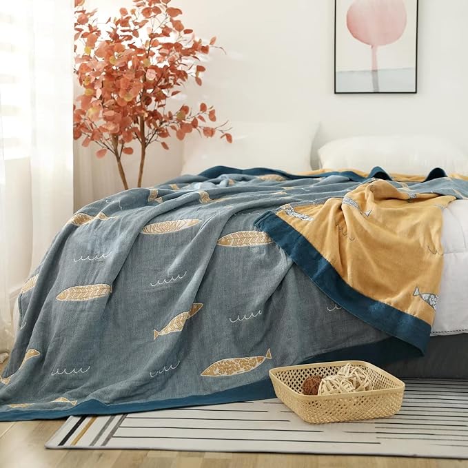 Boho Throw Blanket for Bed 100% Cotton Ultra Soft Rustic Quilt Spring Blanket Fish Farmhouse Decor Bed Blankets,60"x80" All Season Rustic Throw for Sofa Couch Chair