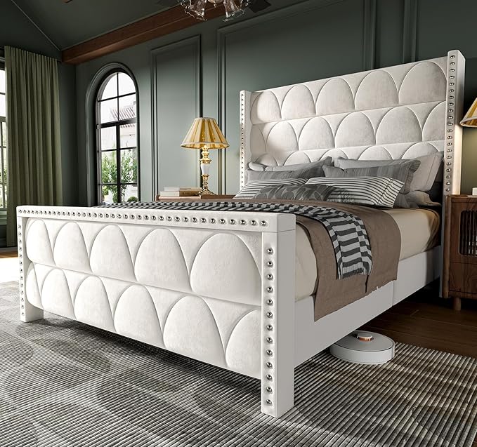 OHOHOLIVE Queen Size Bed Frame with 56" Headboard - Velvet Upholstered Wingback Platform Bed Frame, Noise Free, Sturdy Wooden Slat Support (Cream, Queen)