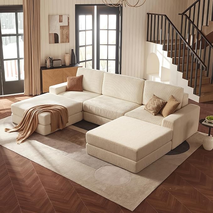 Modular Sectional Sofa, 120.47" Modern Cloud Couch Sectional Sofa with U-Shaped Chaise Comfy Corduroy Fluffy Couch with Deep Seat Boneless couches for Living Room Bedroom, White