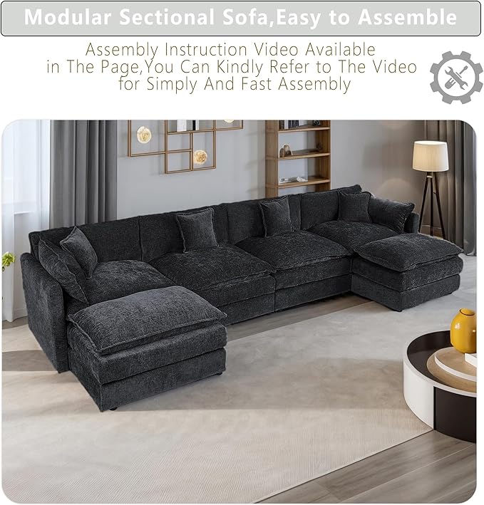 Setawix Deep 4 Seater Couch with Ottomans,147.22" U-Shaped Cloud Couches for Living Room,Chenille Cloud Sofa Couch with Foorest,Modular Sectional U Shape 4 Seat Sofa for Bedroom (Black, 4+2)