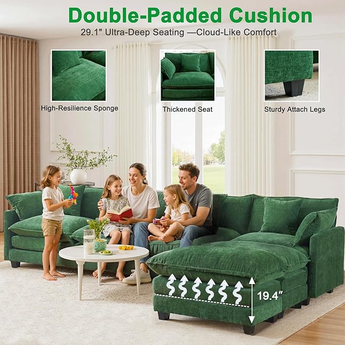U-Shaped Cloud Chenille Sofa Sectional Couch with 2 Ottomans, 146" Modular Sofa for Large Spaces, Ultimate Comfort with Deep Seats & Pillows, Solid Frame, 1YR Warranty